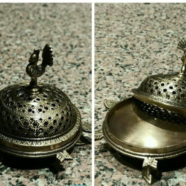 3 LEG TORTOISE PEACOCK HEAD BRASS INCENCE HOLDER / tortoise + Peacock lobandaan
