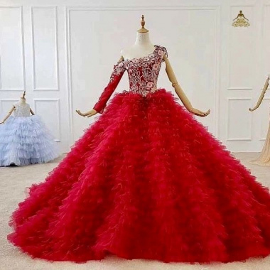 Red Ball Gown Tulle One Shoulder Long Sleeve Appliques Wedding Dress
