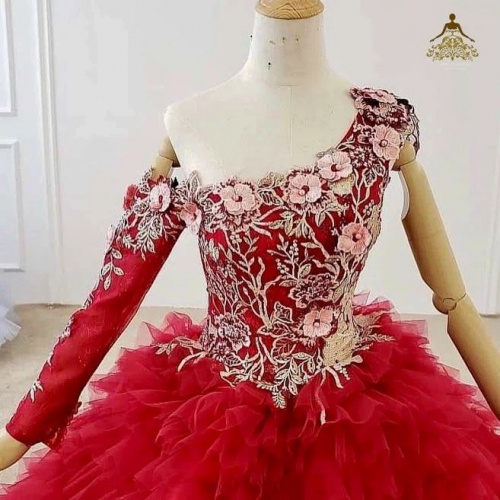 Red Ball Gown Tulle One Shoulder Long Sleeve Appliques Wedding Dress