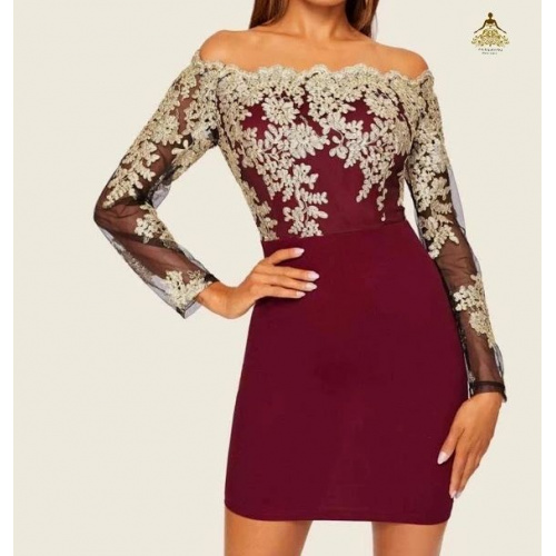 Lace Embroidered Scallop Trim Bardot Dress
