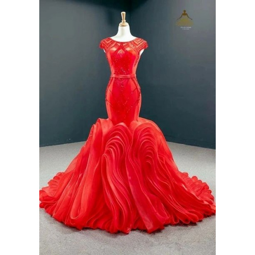 Red Mermaid Tulle Cap Sleeve Beading Sequins Backless Prom Dress