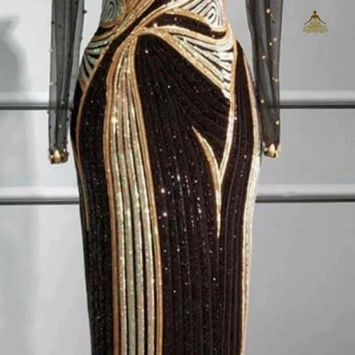 Black And Gold Sequins Evening Gown Appliqued Prom Dresses