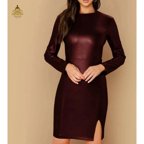 Split Thigh Faux Leather Bodycon Dress