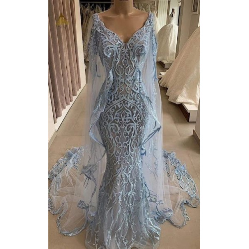 A-Line Light Blue Tulle V-neck Backless With Beading Prom Dress