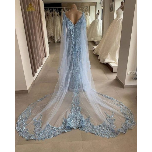 A-Line Light Blue Tulle V-neck Backless With Beading Prom Dress