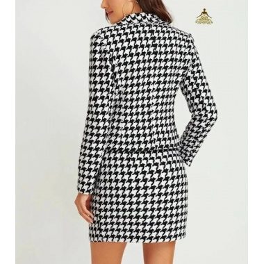 Shawl Collar Houndstooth Print Blazer and Bodycon Skirt Set