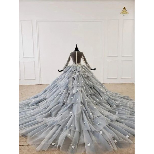 Gray Ball Gown Tulle Spaghetti Straps Appliques Luxury Wedding Dress With Beading