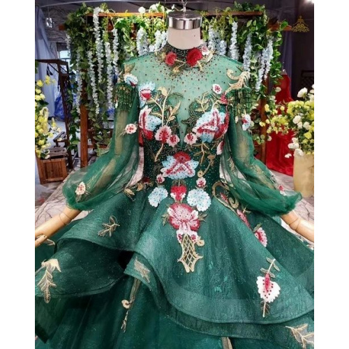 Dark Green Ball Gown Lace High Neck Long Sleeve Embroidery Appliques Wedding Dress
