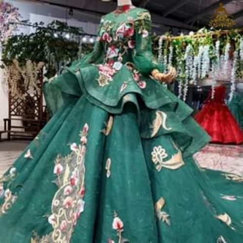 Dark Green Ball Gown Lace High Neck Long Sleeve Embroidery Appliques Wedding Dress