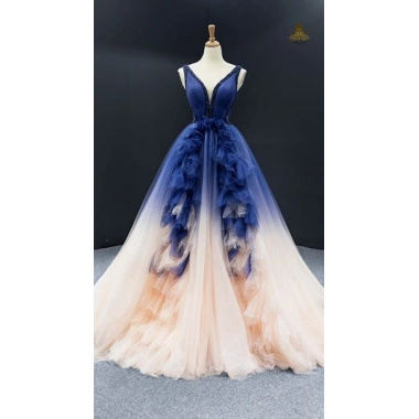 Dark Blue And Champagne Tulle V-neck Backless Beading Prom Dress