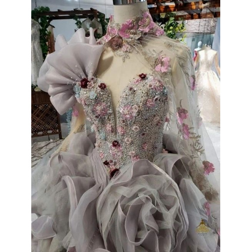 Gray Ball Gown Tulle Long Sleeve With Colorful Flower Luxury Wedding Dress