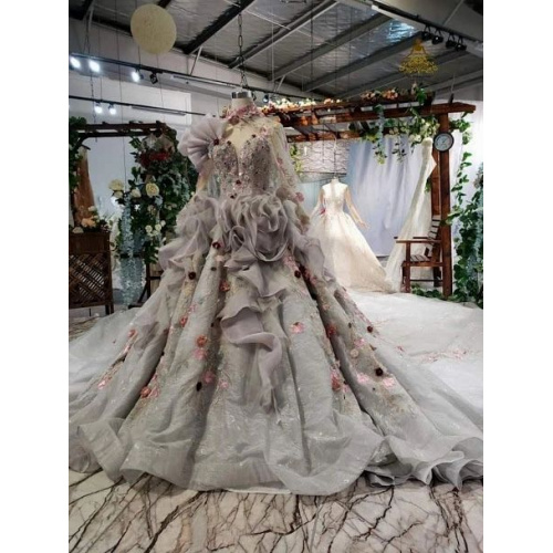 Gray Ball Gown Tulle Long Sleeve With Colorful Flower Luxury Wedding Dress