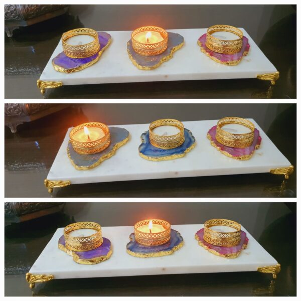 Indian marble platter with agate t-lights holder