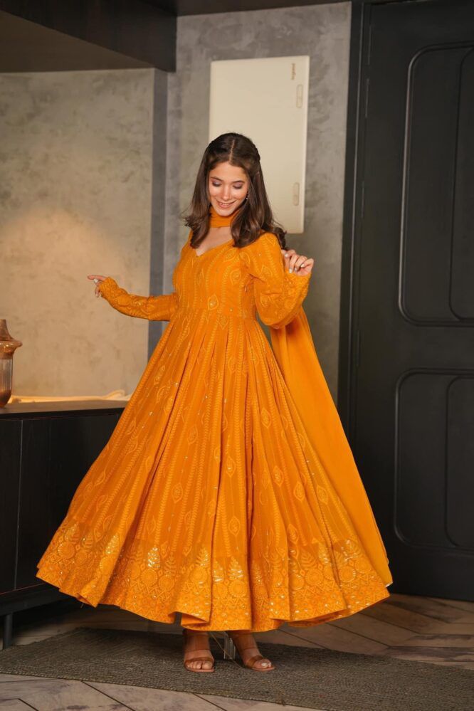 Buy Yellow Foil Georgette Embroidery Basant Rani Anarkali With Dupatta For  Women by Nidhika Shekhar Online at Aza Fashions.