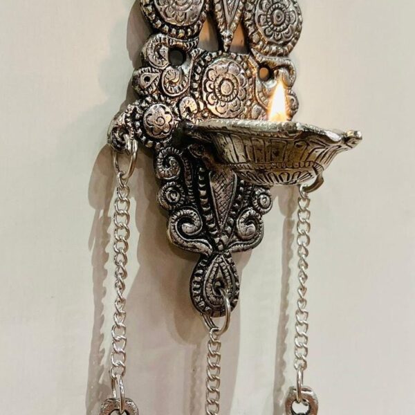 German Silver Hanging Diya with Bells