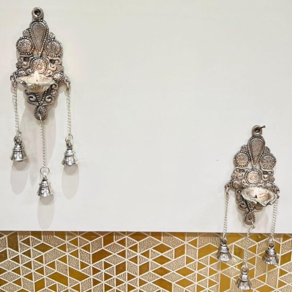 German Silver Hanging Diya with Bells