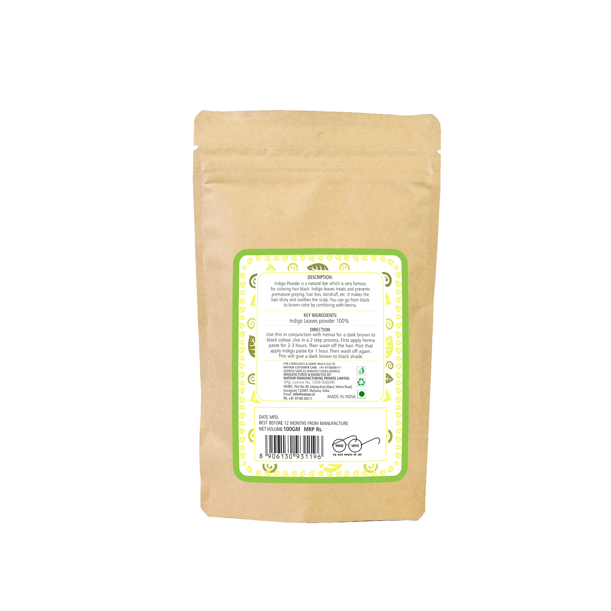 Natuur – Indigo Powder – Natural hair dye for dark brown & shiny black hair – 100gms