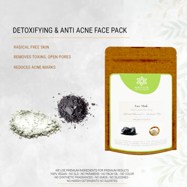 Natuur - Face mask - Activated Charcoal & Bentonite Clay- Detox and Anti Acne - 100gms