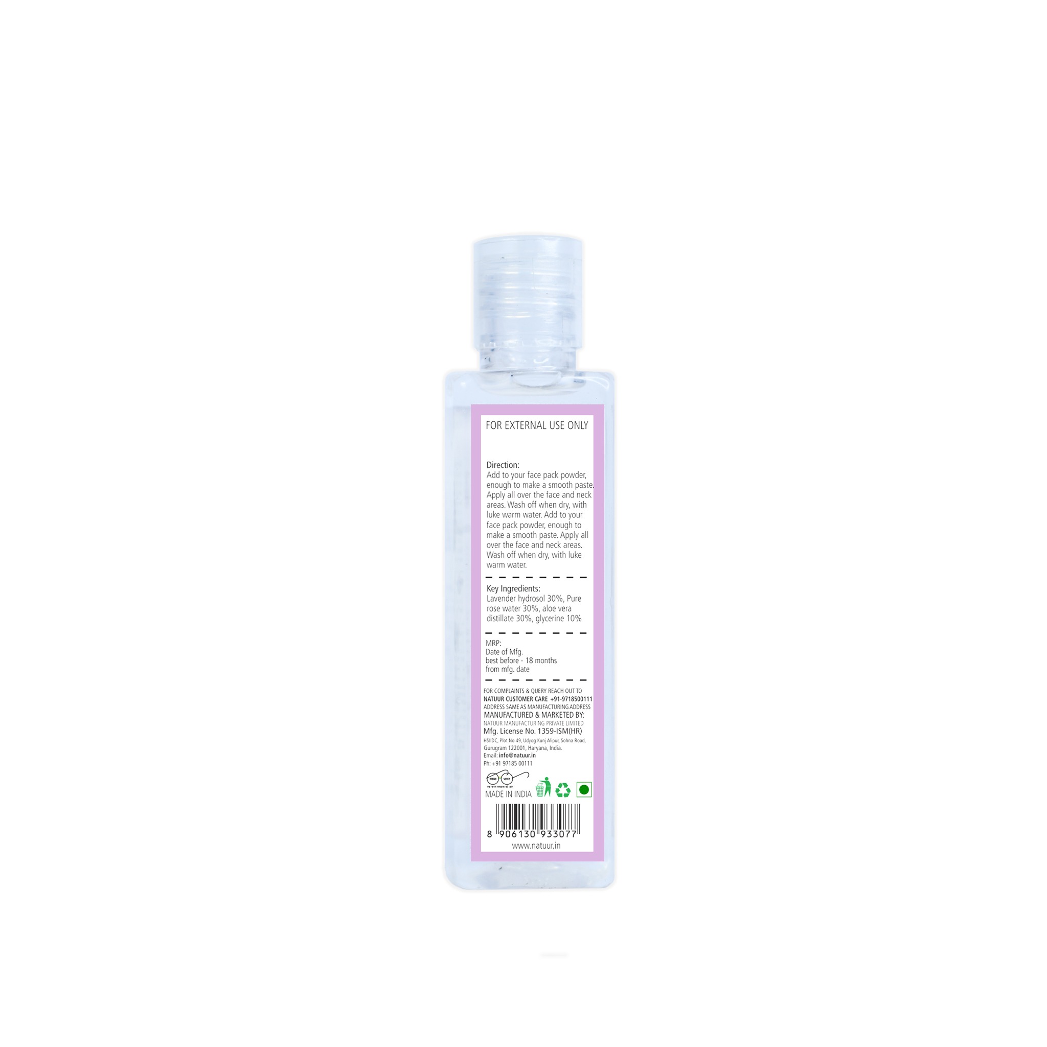 Natuur – Activation Liquid for Face Pack – Lavender and Rose – 100 mL