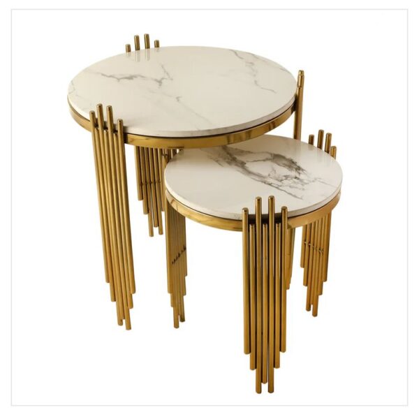 Material: Steel/Marble Finish: White/Gold Big Table Dimensions: LxHxW = 21"x21"x23" Small Table Dimensions: LxHxW = 15"x15"x19"