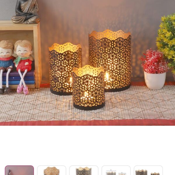 Lotus Etching Cut Votive Set of 3 Material: Iron With Powder Coating Color : Gold Size : 5,6,7 Inch