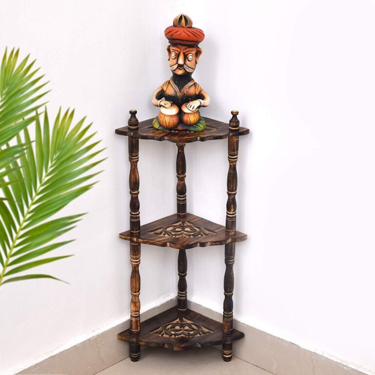 Antique Wooden Polished Hand Carved Floral Design Mini Side Table/Rack and Shelf Corner Rack (Set of 1 Brown) Size:20x8x8 inches