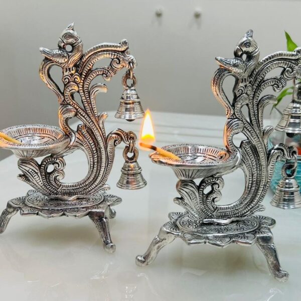 German Silver Hand Engraved Peacock Diya With Bells(Set of 2) 8 inch
