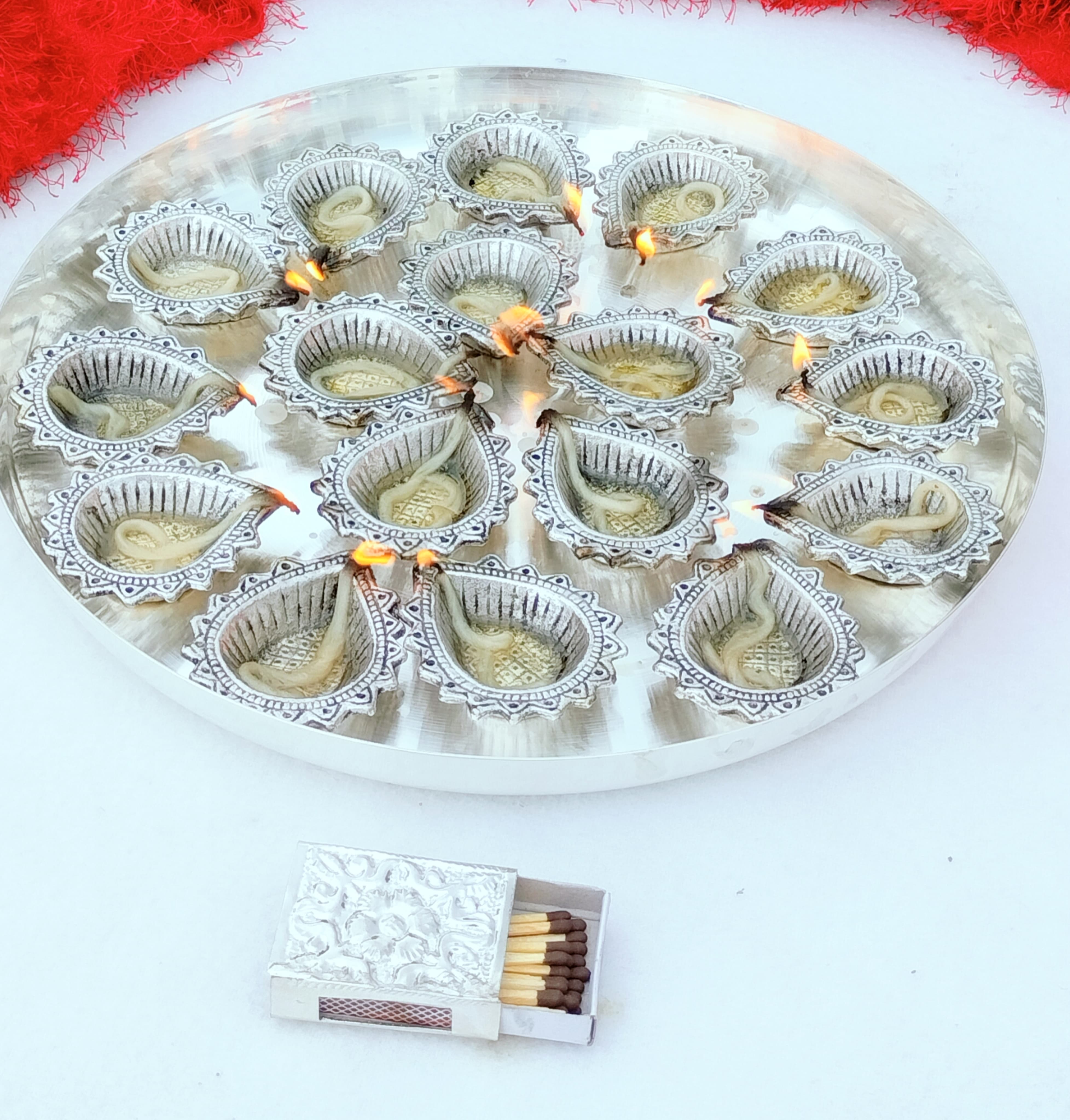 German silver 16 diya MAHALAKSHMI aarti thali set
