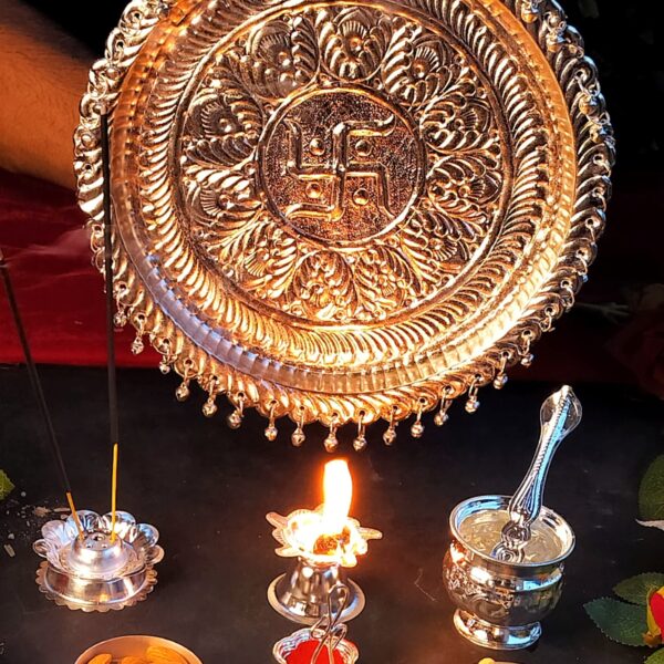 German silver Ghungaru thali set with stand