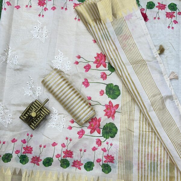 Cream Digital Printed Silk Saree