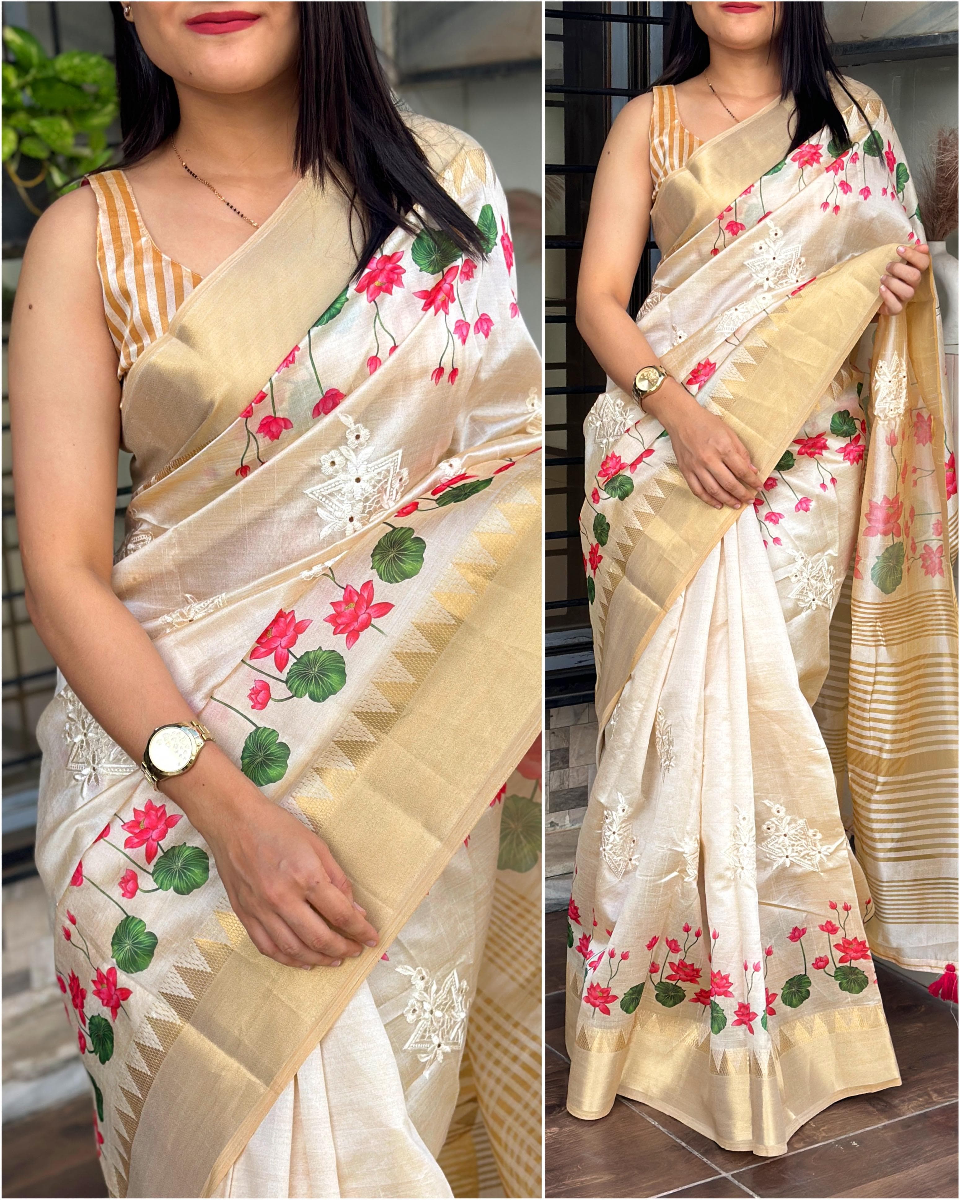 Cream Digital Printed Silk Saree