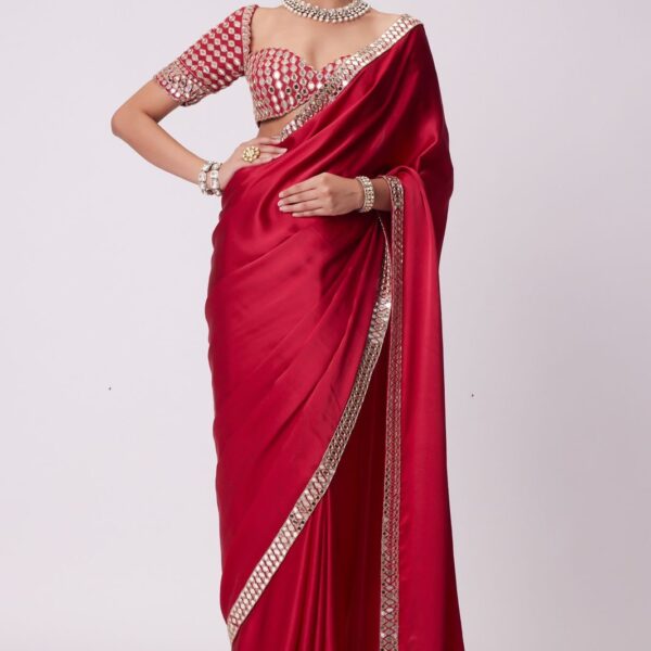Red Silk Saree with Mirror Lace