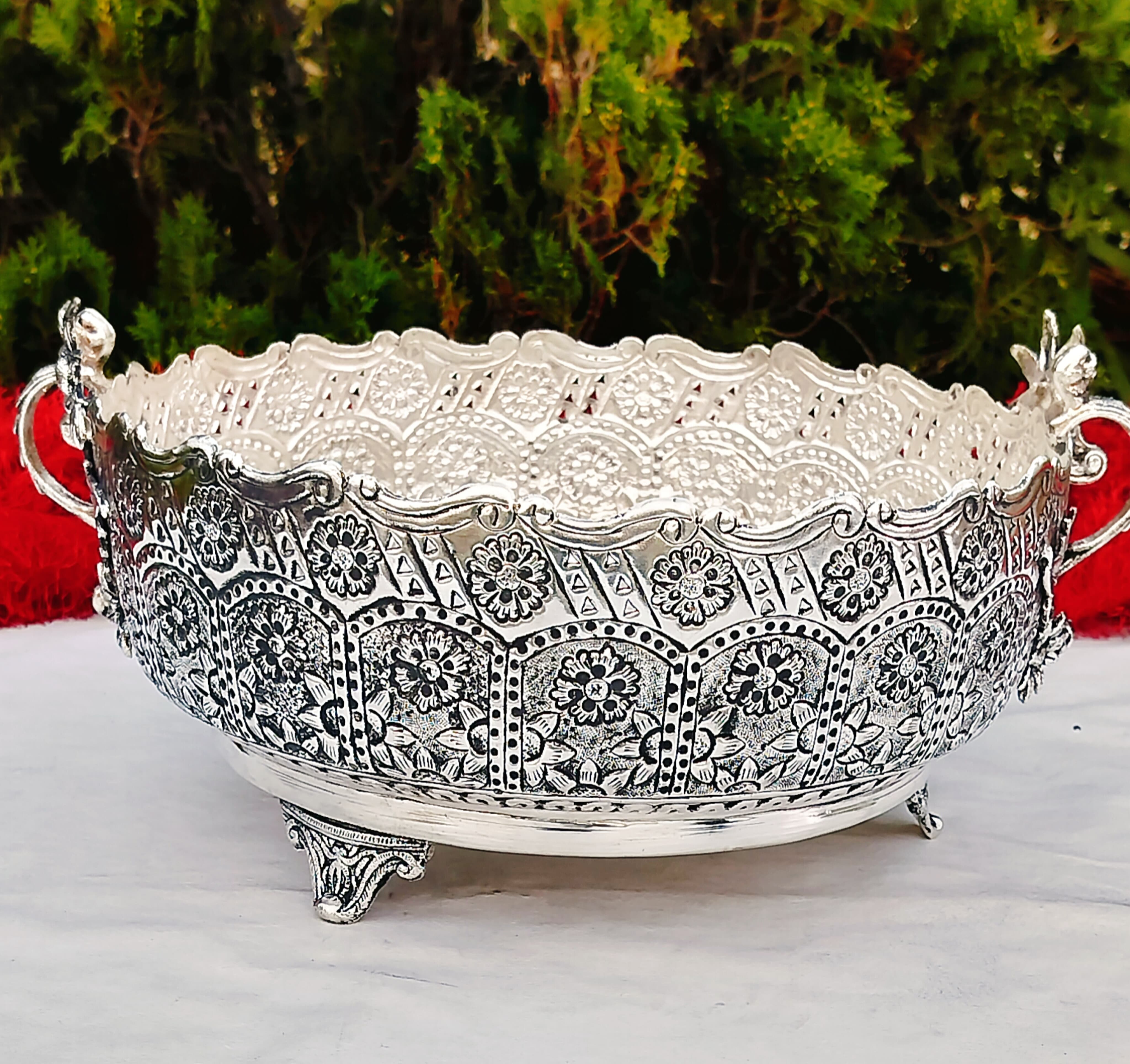 Antique German silver flower carving urli with 2 handle