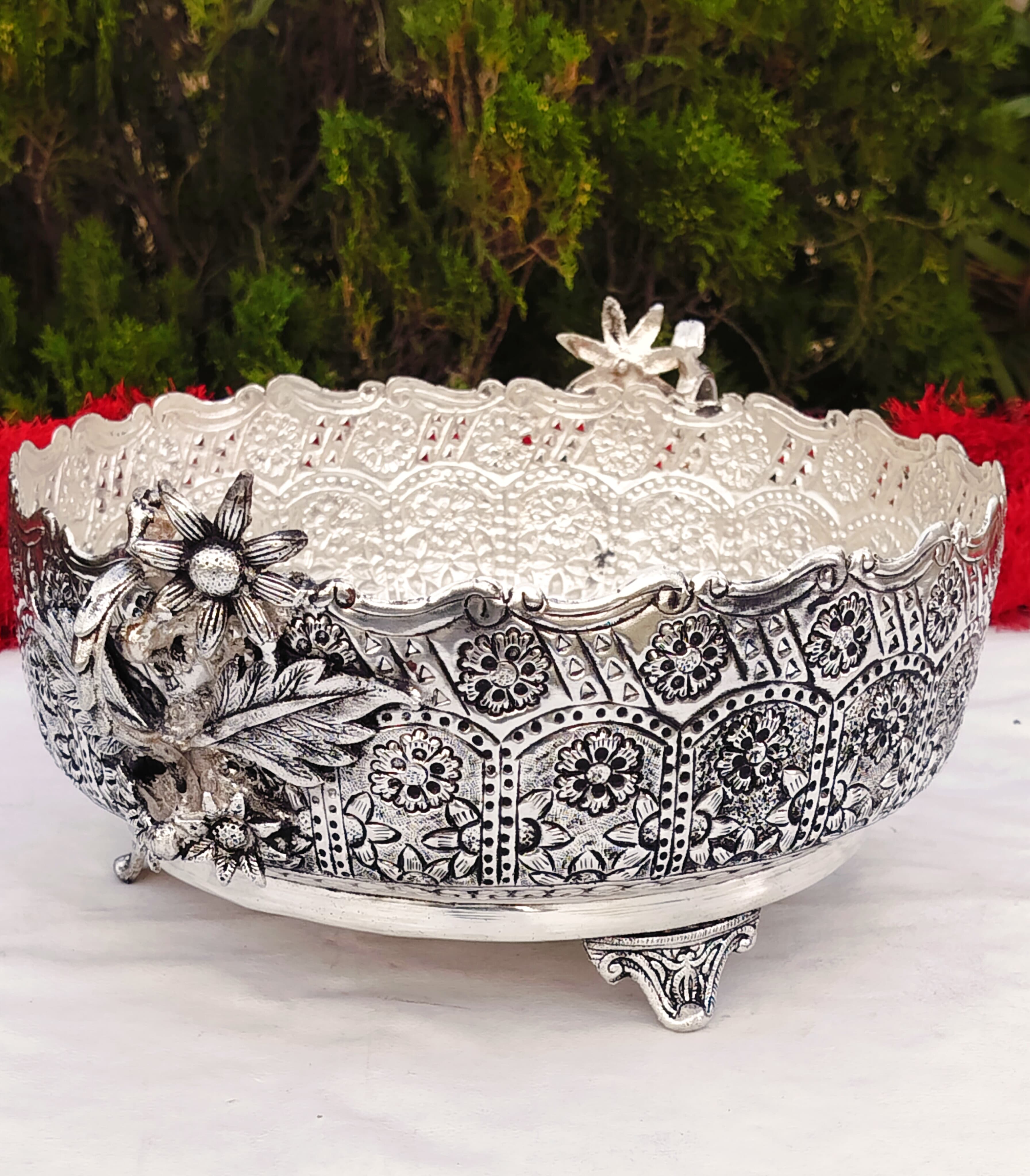 Antique German silver flower carving urli with 2 handle