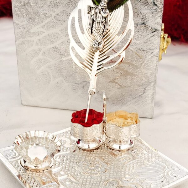 German silver Tika thali set with flute Krishna Tilak stick