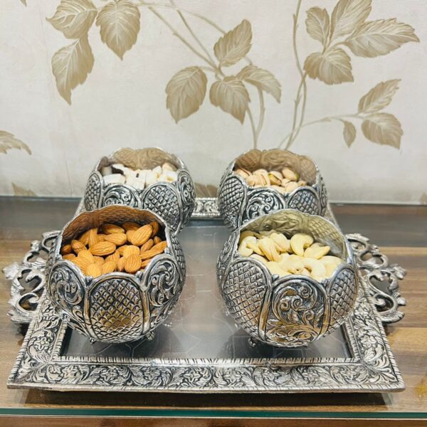 Pure German silver hand engraved dry fruit bowl+ tray set