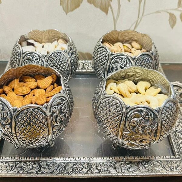 Pure German silver hand engraved dry fruit bowl+ tray set