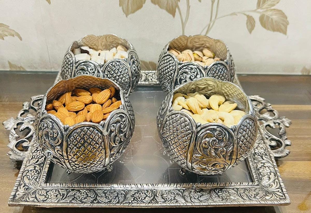 Pure German silver hand engraved dry fruit bowl+ tray set