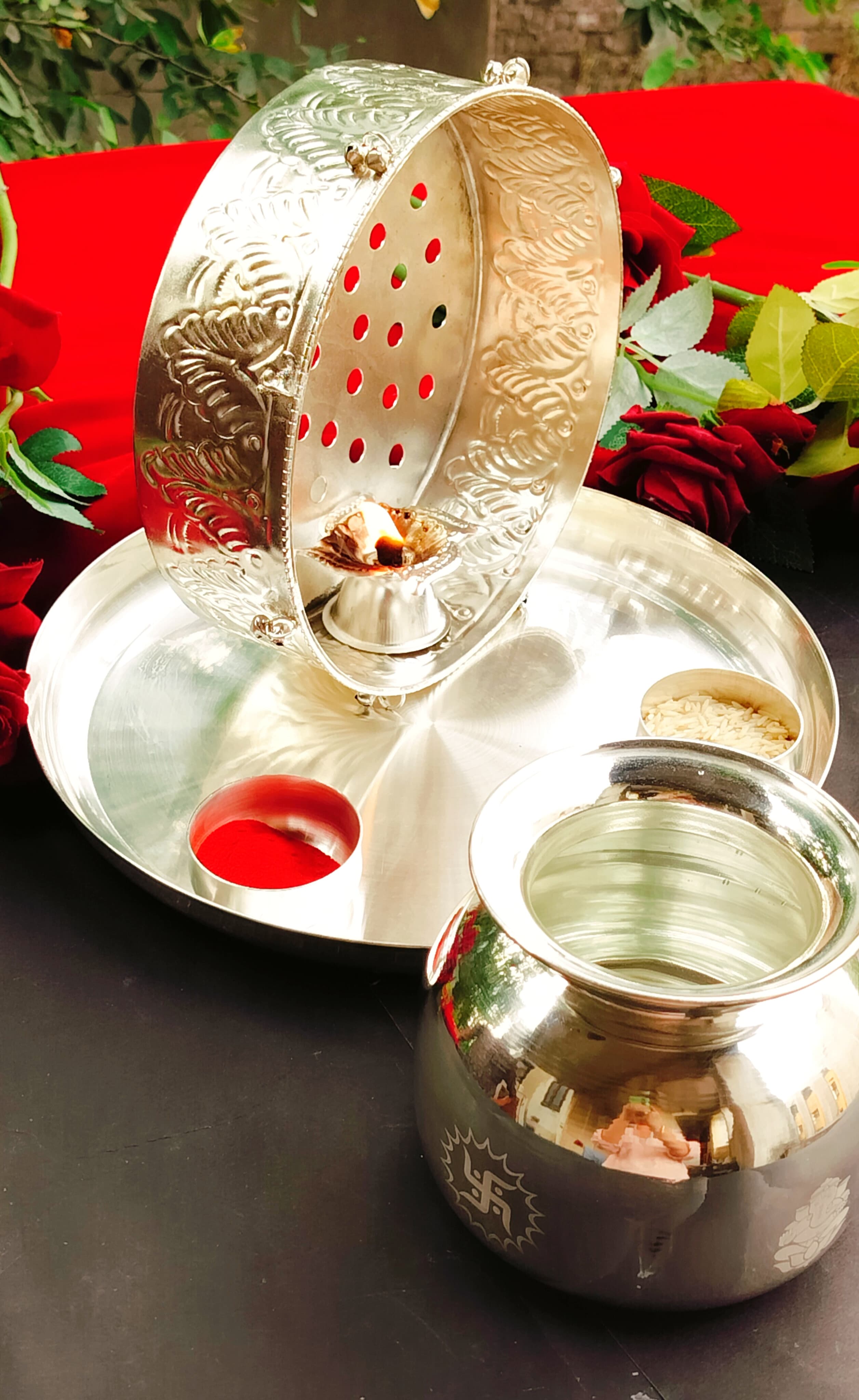 German silver karva chauth set with big size chalni