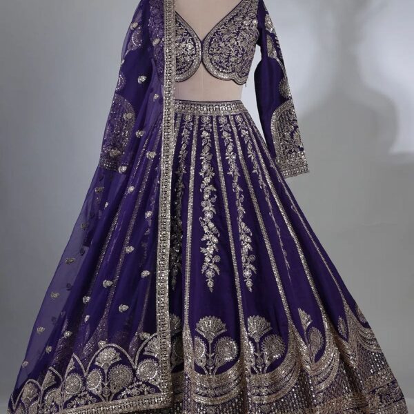 Blue Slub Silk Lehenga with Work