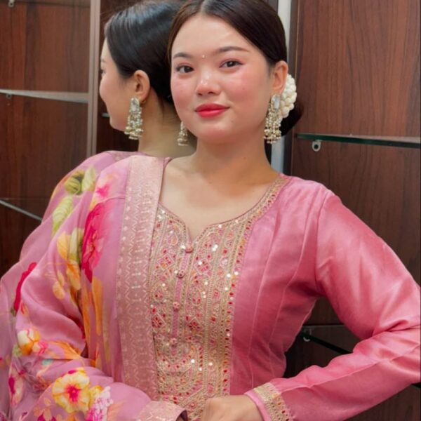 Pink Anarkali Flared Kurti Pant Dupatta Set