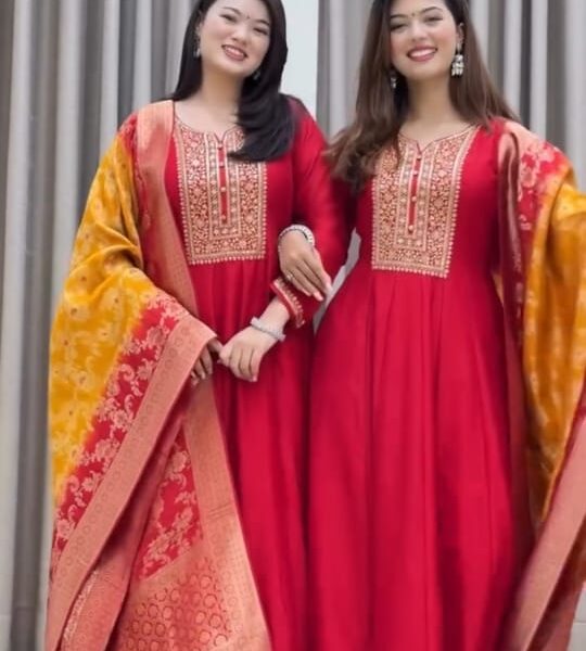 Anarkali Flared Kurti Pant Dupatta Set