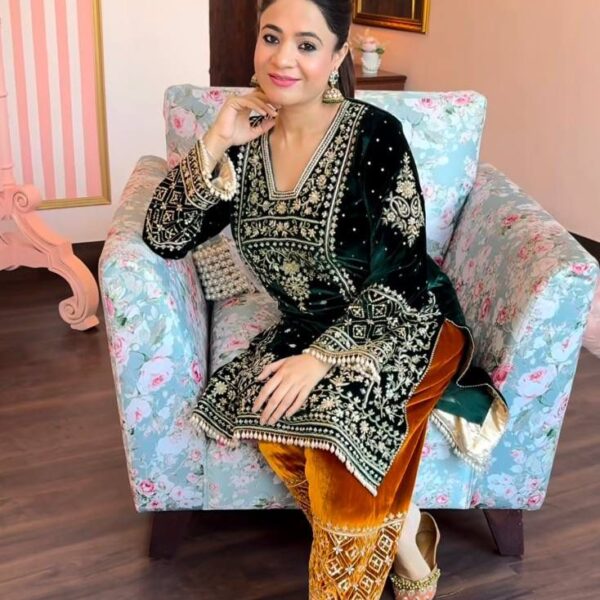 Green Heavy Velvet Georgette Kurti Set