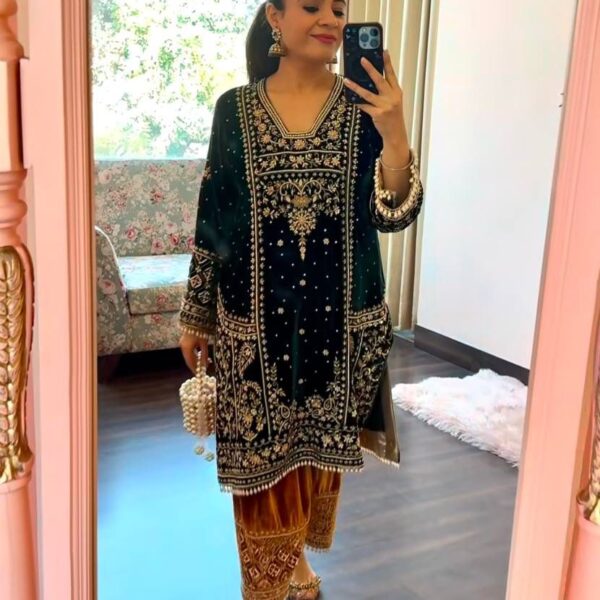 Green Heavy Velvet Georgette Kurti Set