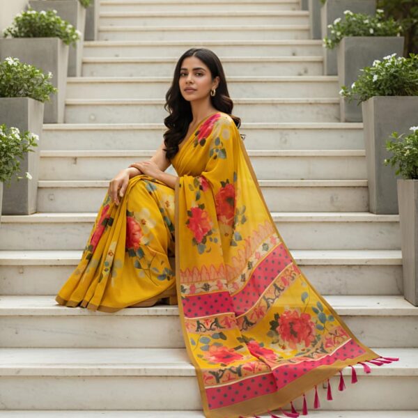 Heavy linen blooming saree floral digital