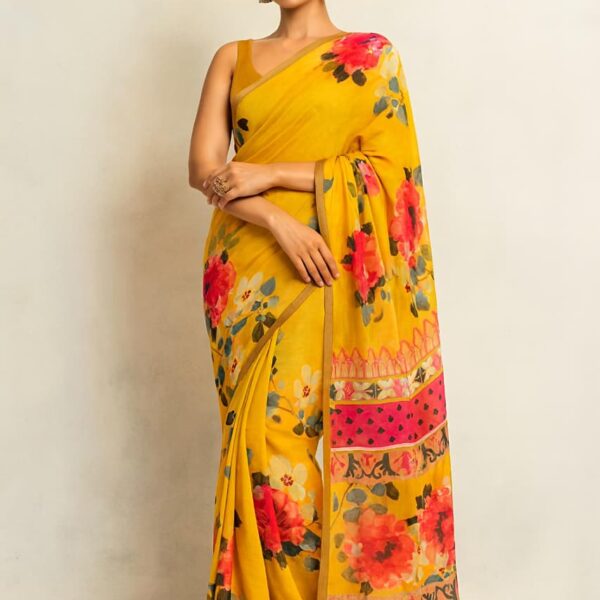 Heavy linen blooming saree floral digital