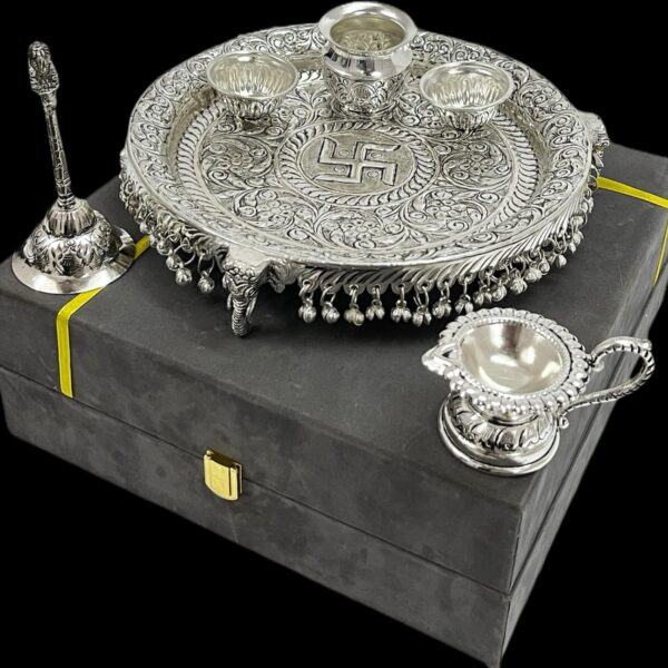 German silver antique elephant trunk pooja thali set