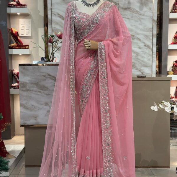Pink Faux Georgette Saree with Work