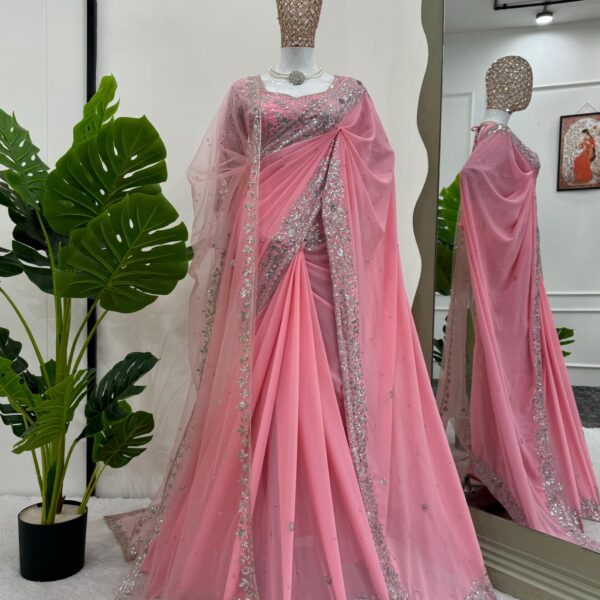 Pink Faux Georgette Saree with Work