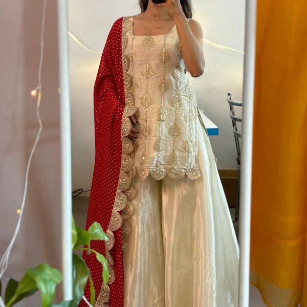 Cream Soft Chinon Kurti Three Piece Set